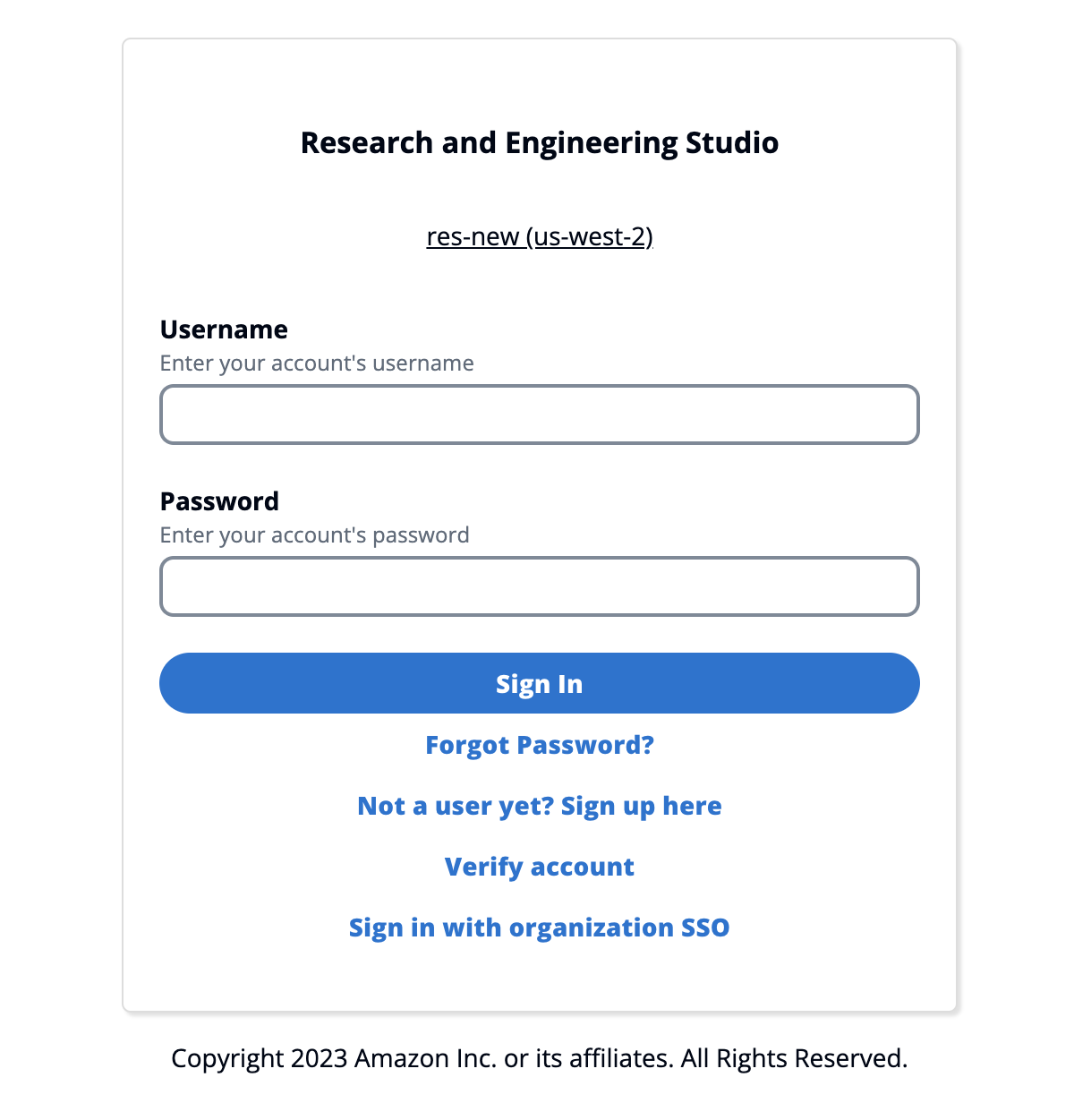 Página de login do usuário com opções para se inscrever, verificar a conta ou entrar com o SSO da organização