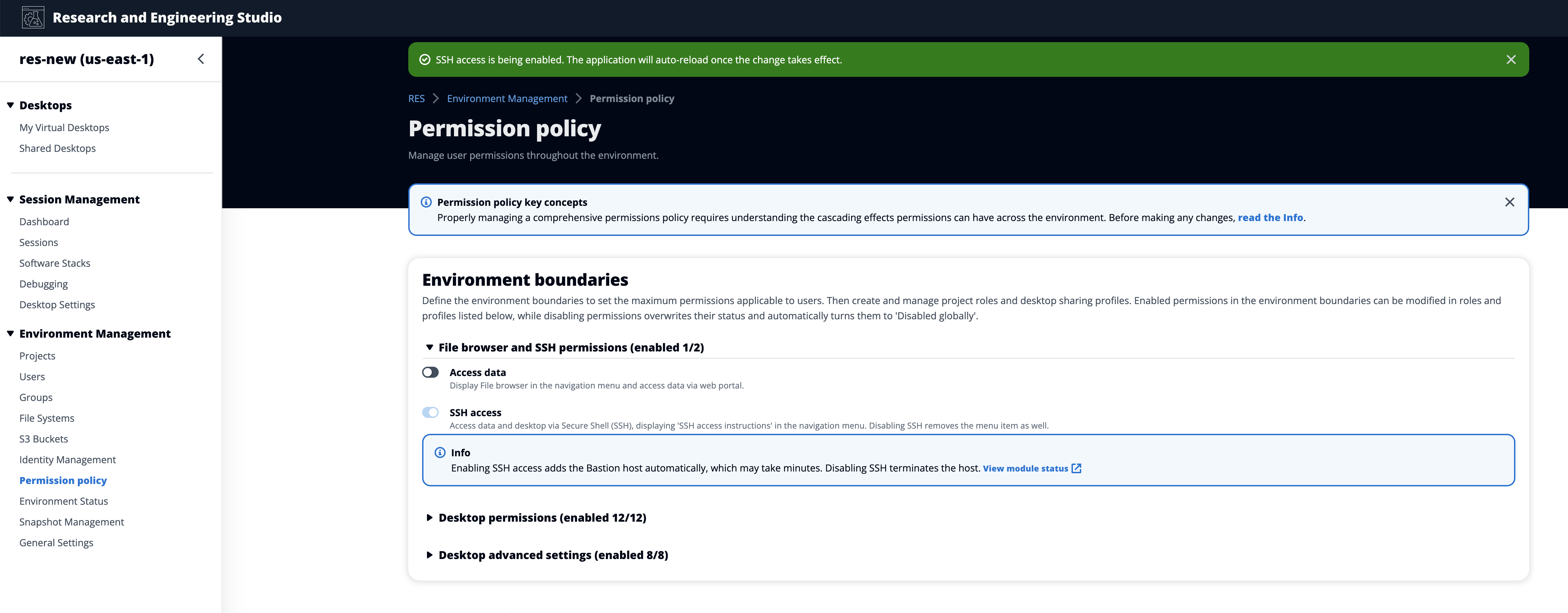 O banner consultivo aparece na página da política de permissões em Gerenciamento de ambiente no console do administrador.