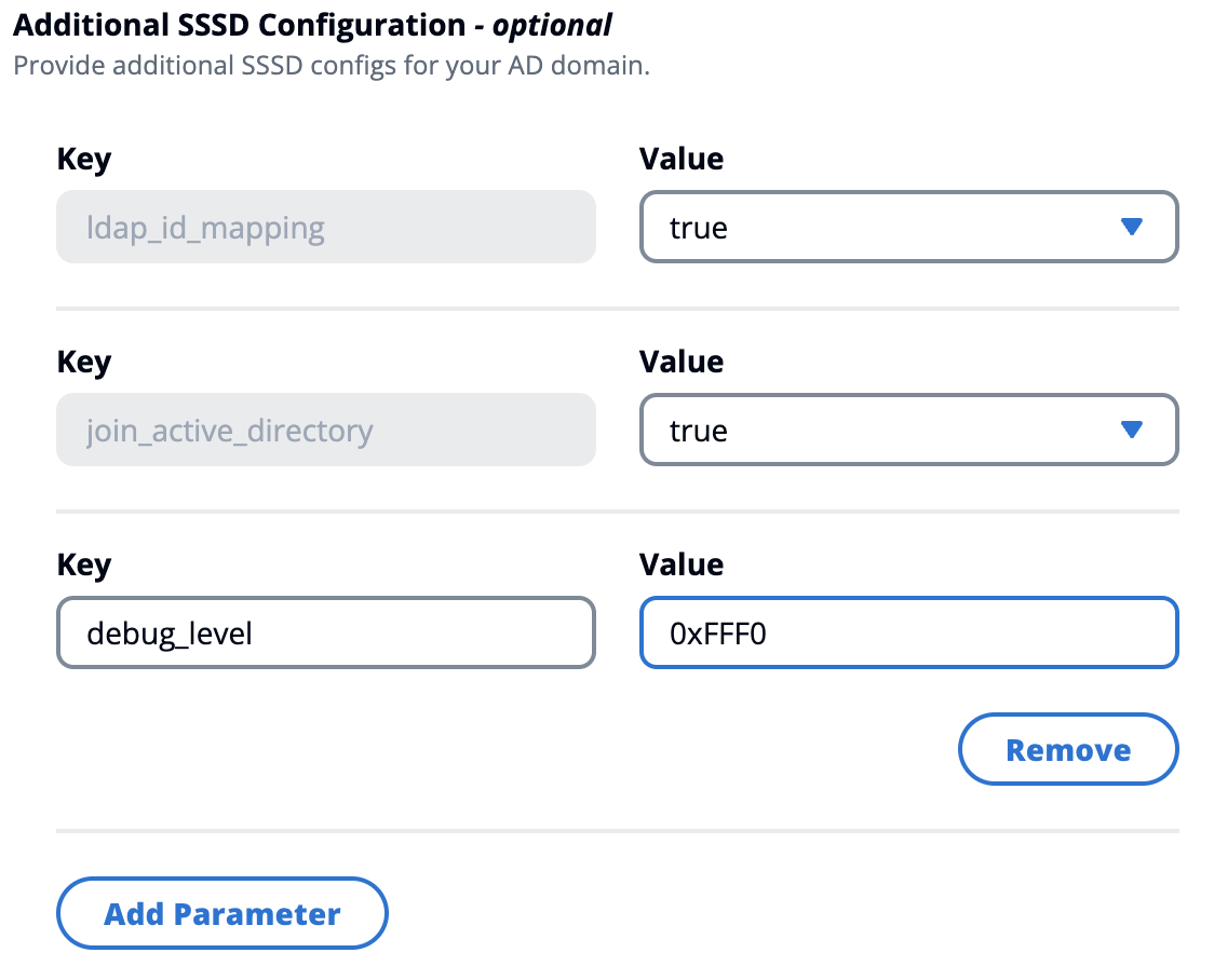 Configurações SSSD adicionais mostrando o novo par de chave e valor inserido