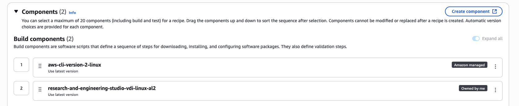 Página de componentes mostrando componentes de construção adicionados