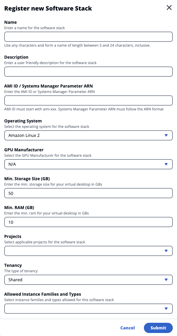 Página pop-out do Admin Console que permite registrar uma nova pilha de software