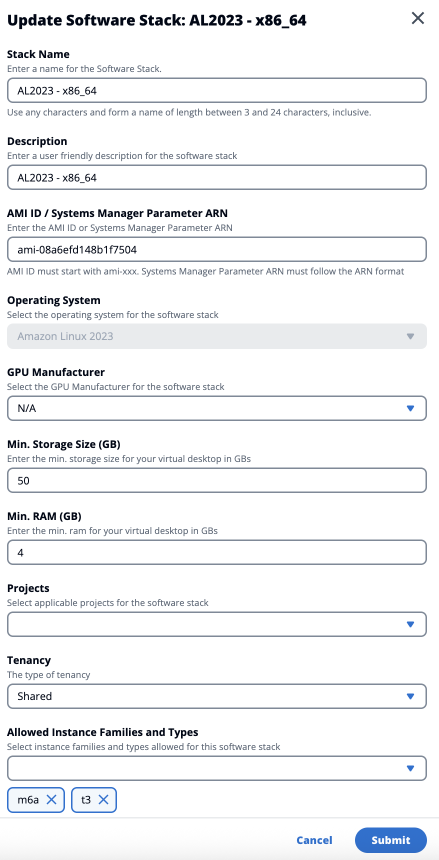 Admin Console mostrando campos para atualizar uma pilha de software para um projeto