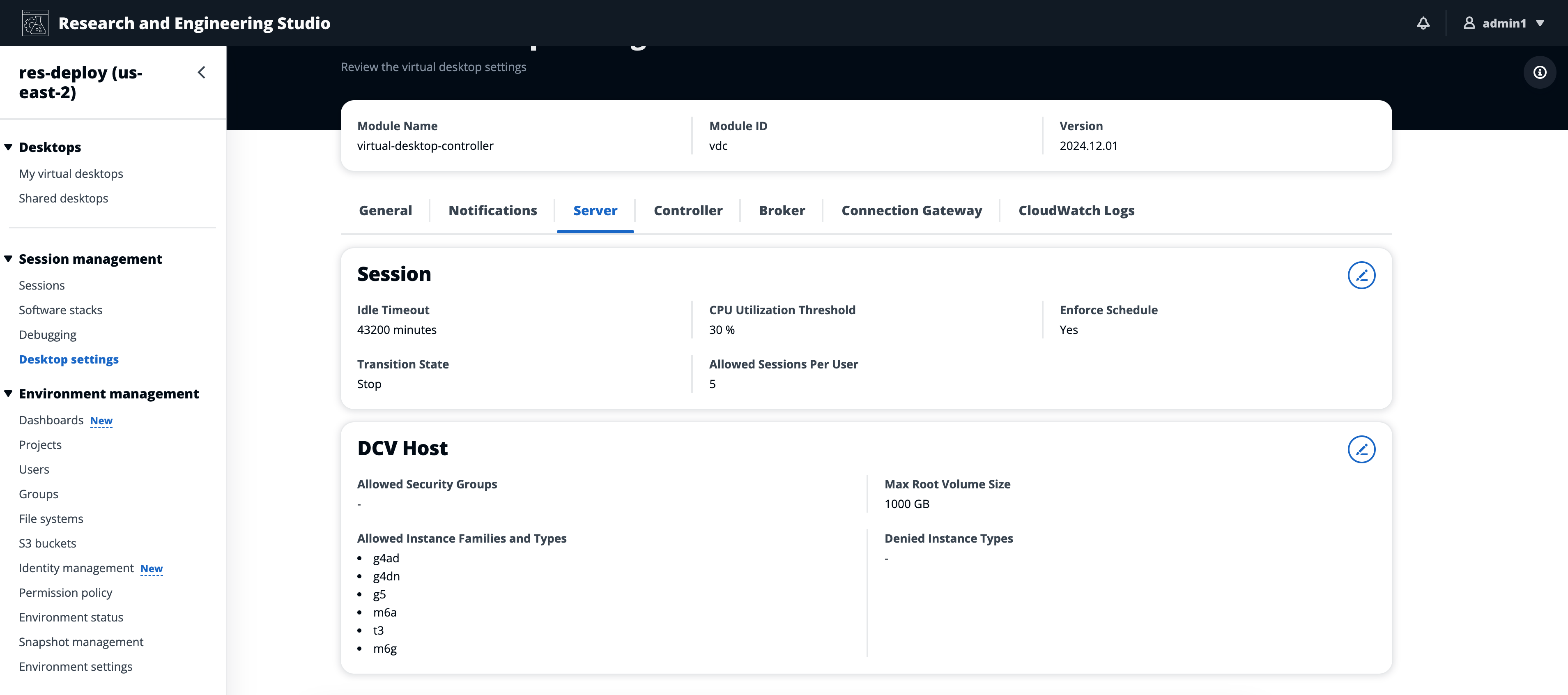 Página do Admin Console mostrando as configurações da área de trabalho em gerenciamento de sessões
