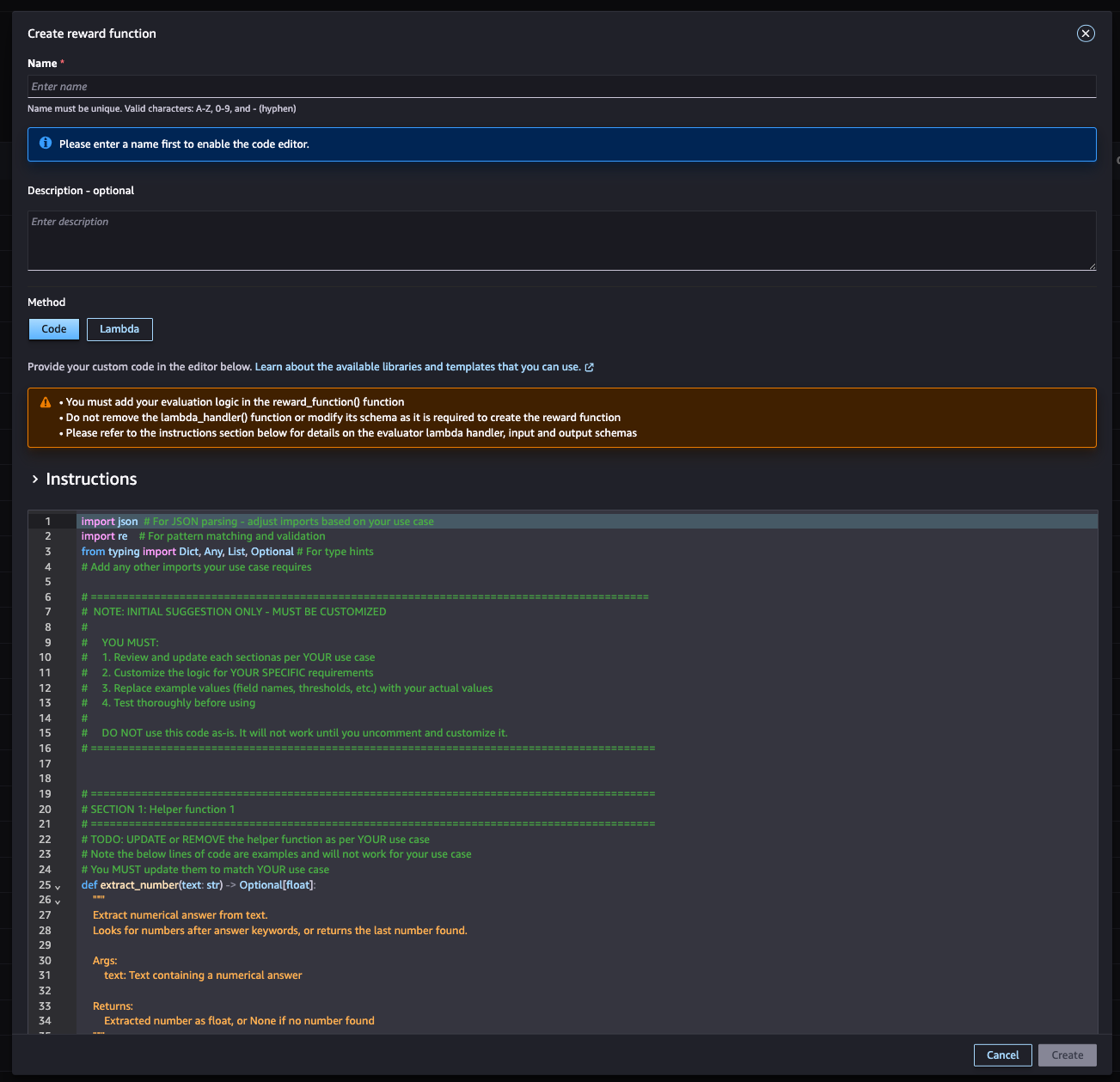 Navegando até SageMaker Studio > Assets > Evaluator > Criar avaliador > Criar função de recompensa