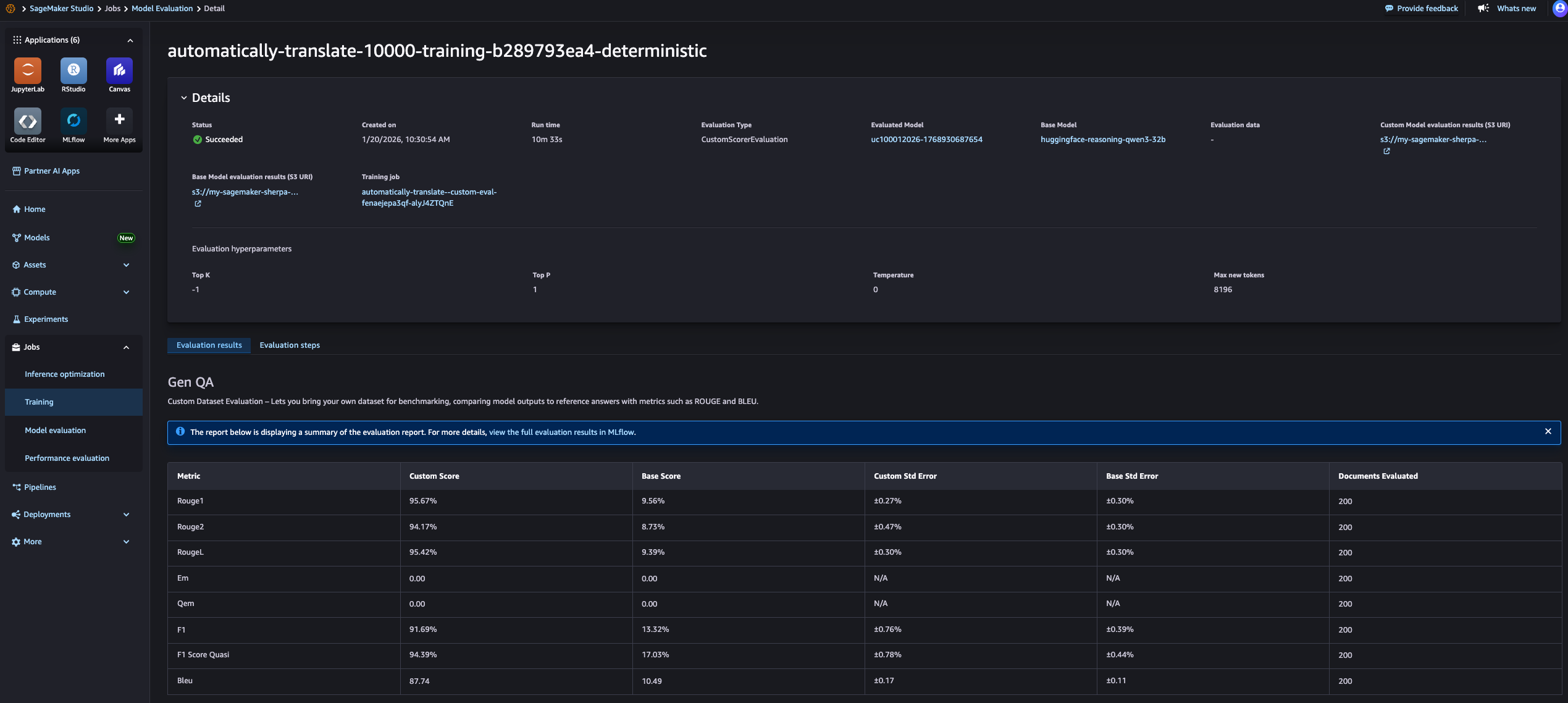 Exemplos de métricas de desempenho para um benchmark gen-qa personalizado visualizado no Studio SageMaker