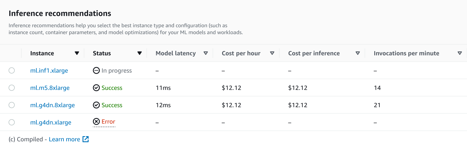 Captura de tela da lista de recomendações de inferência na página de detalhes do trabalho no console de SageMaker IA.