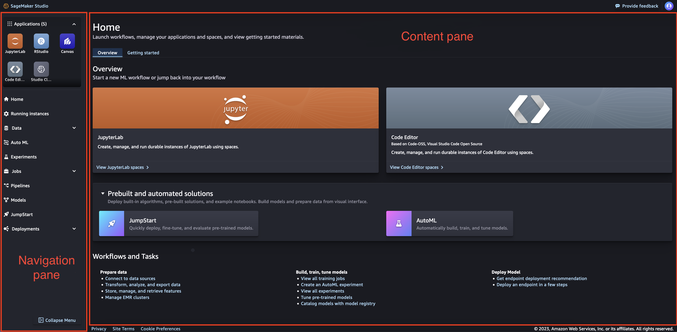 Página inicial do Amazon SageMaker Studio com painel de navegação e painel de conteúdo (área de trabalho principal).