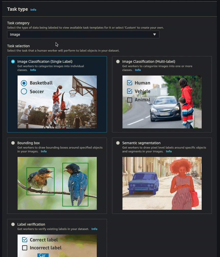 Gif mostrando como criar um trabalho de rastreamento de objetos de quadro de vídeo no console de SageMaker IA.