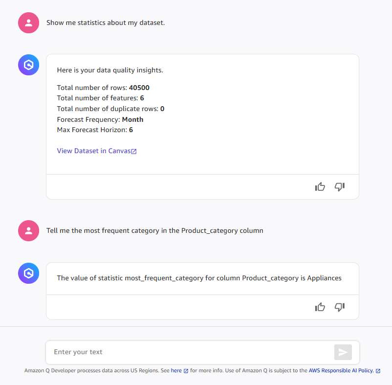 Caixa de diálogo de chat solicitando que o Q Developer forneça estatísticas do conjunto de dados e a estatística da categoria mais frequente.