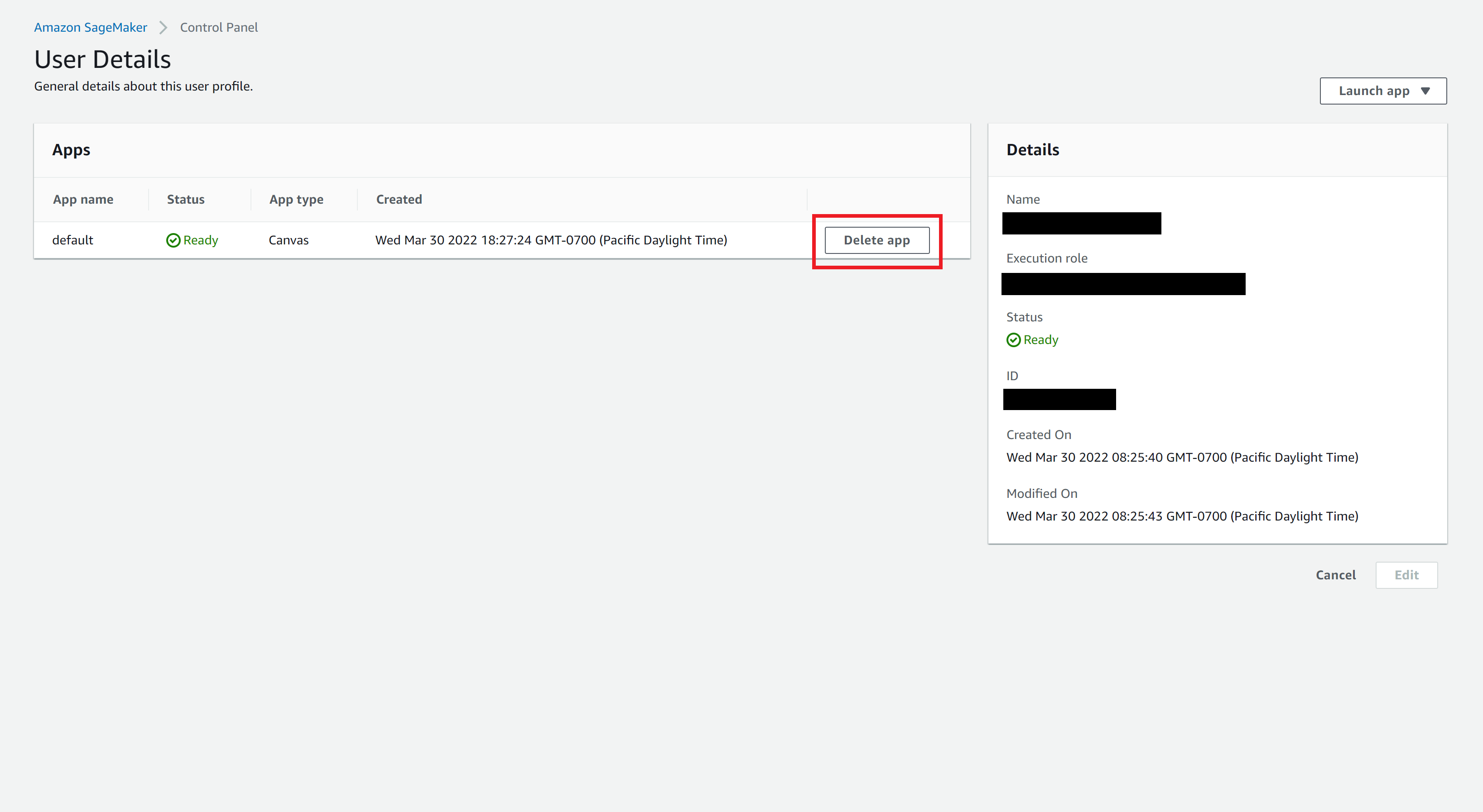 Captura de tela do perfil de usuário com a ação de Excluir aplicação destacada.
