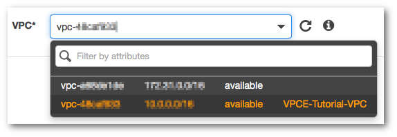 O menu da VPC na página Criar endpoint.