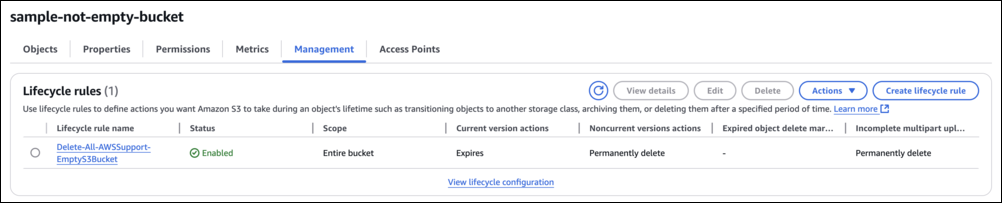 Imagem contendo a política de ciclo de vida Delete-All-AWSSupport-EmptyS de 3 buckets configurada.