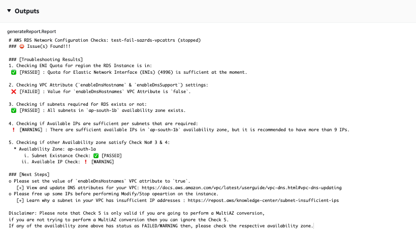 Network configuration report showing issues and troubleshooting results for an RDS instance.