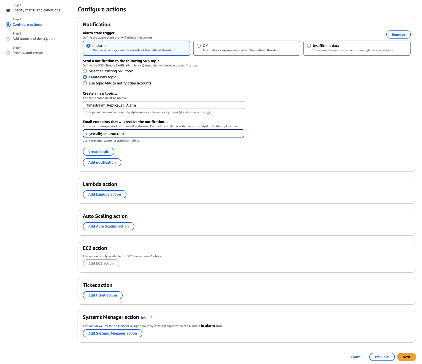 A página Configurar ações mostra uma lista de seis ações diferentes. A seção Notificação está concluída.
