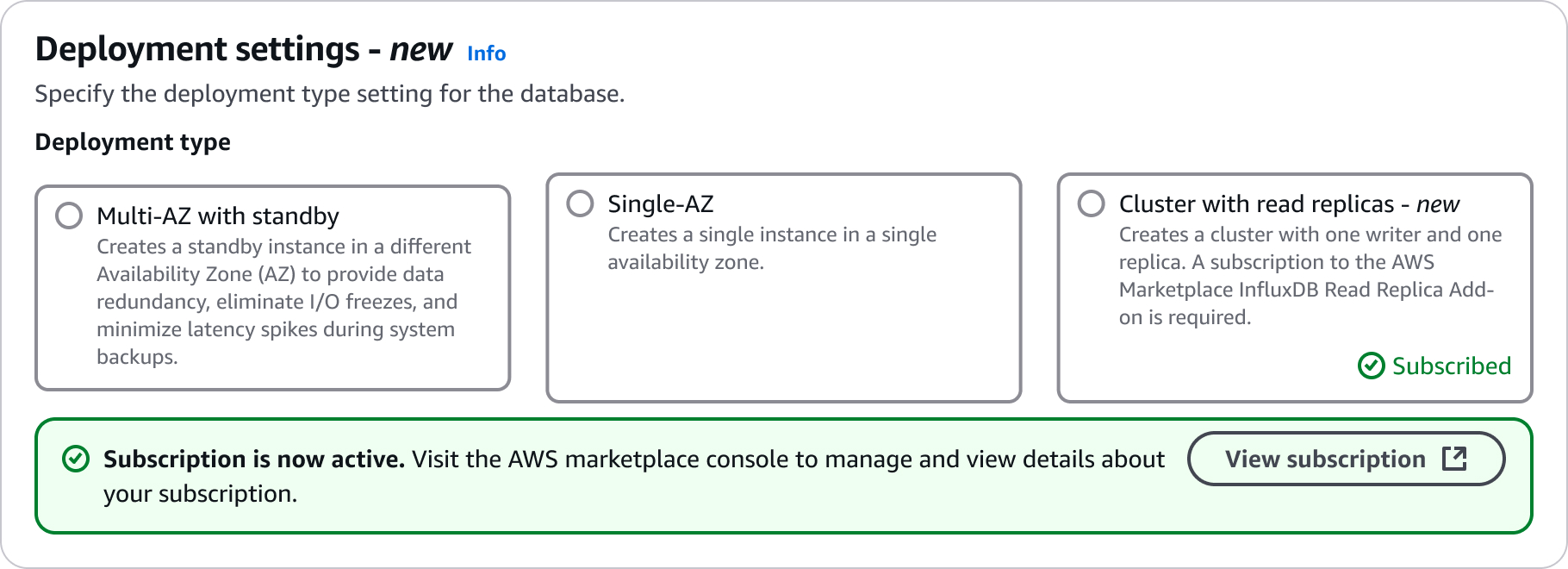 A interface de configurações de implantação mostra uma mensagem de que a assinatura agora está ativa.