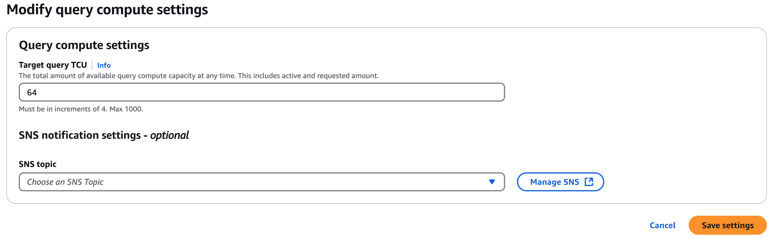 Imagem da visualização do console sobre a modificação das configurações do TCUs provisioned.