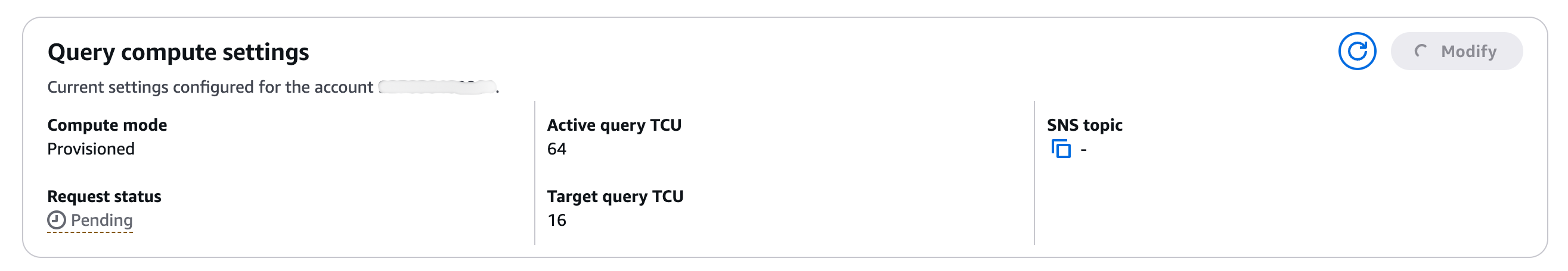 Imagem da visualização do console do número reduzido atualizado de provisionados TCUs.
