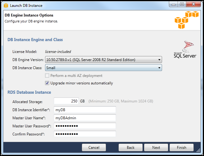 DB Engine Instance Options window for configuring SQL Server database settings in AWS RDS.
