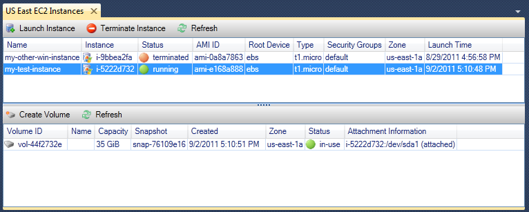 EC2 instance list showing two instances, one running and one terminated, with volume details.