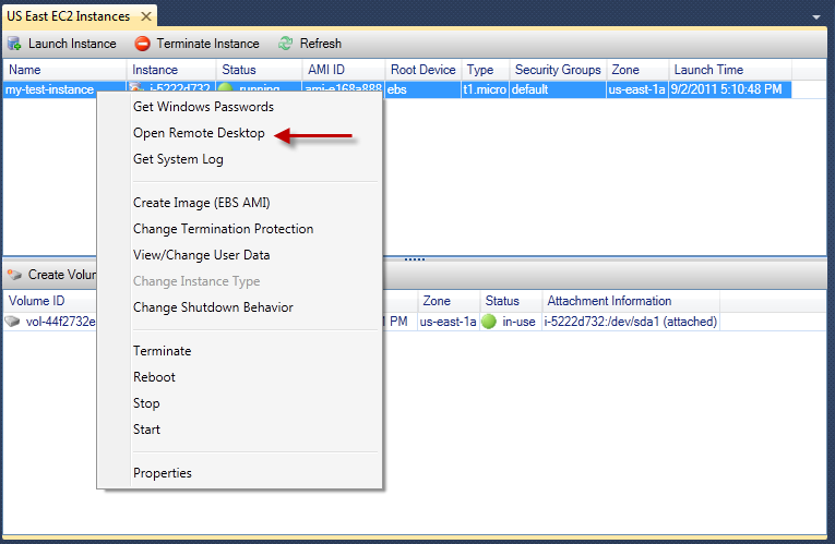 Context menu for EC2 instance with options like Open Remote Desktop and Get System Log.