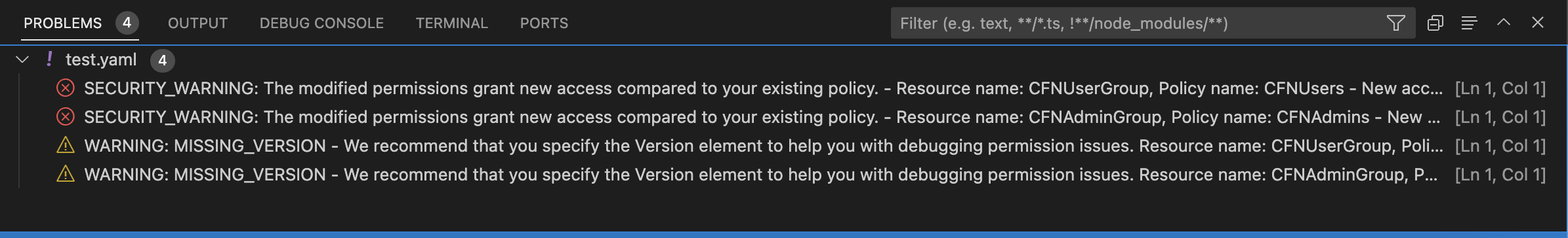 VS Code Problems Panel displaying security warnings and version recommendations.