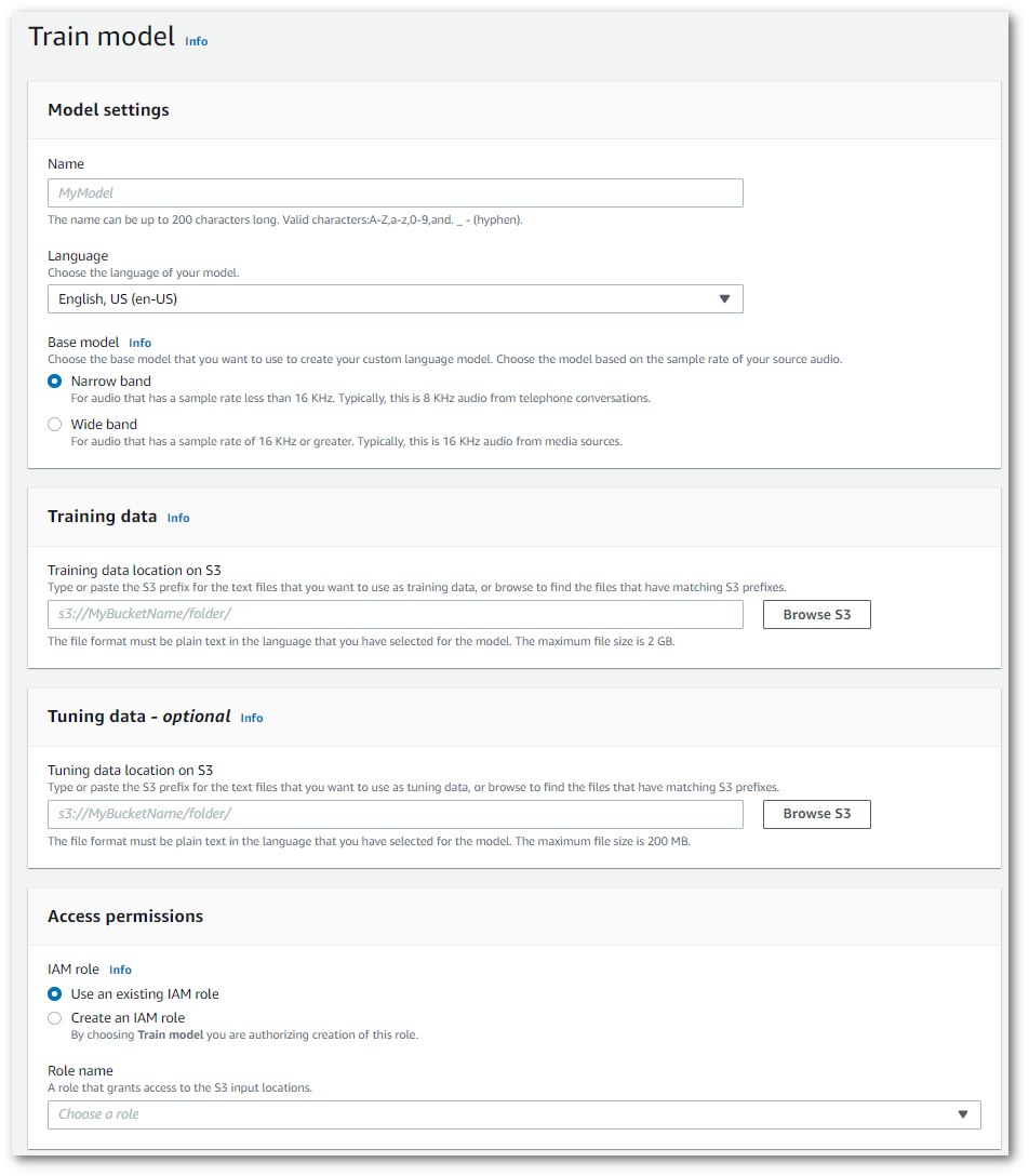 Captura de tela do console do Amazon Transcribe: a página “Treinar modelo”.