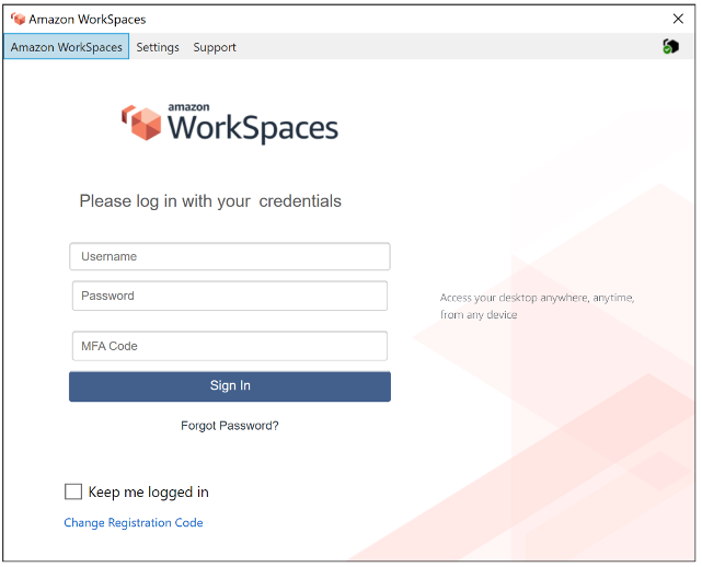 Captura de tela do WorkSpaces console mostrando o MFA ativado