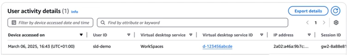 User activity details table showing device access information for a WorkSpaces session.