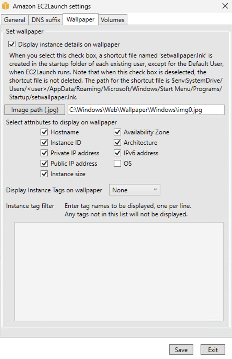EC2 Launch Setting“墙纸”选项卡。