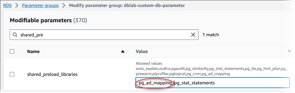 添加了 pgAudit 的 shared_preload_libaries 参数的图像。