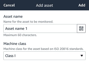 Form for adding an asset with fields for name and machine class selection.