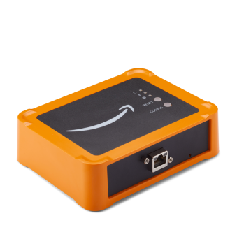 Orange and black device with Amazon smile logo and Ethernet port for network connectivity.