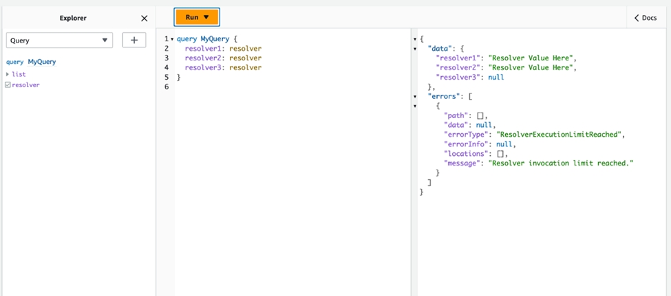 Query with three resolvers, showing error on third resolver due to execution limit reached.