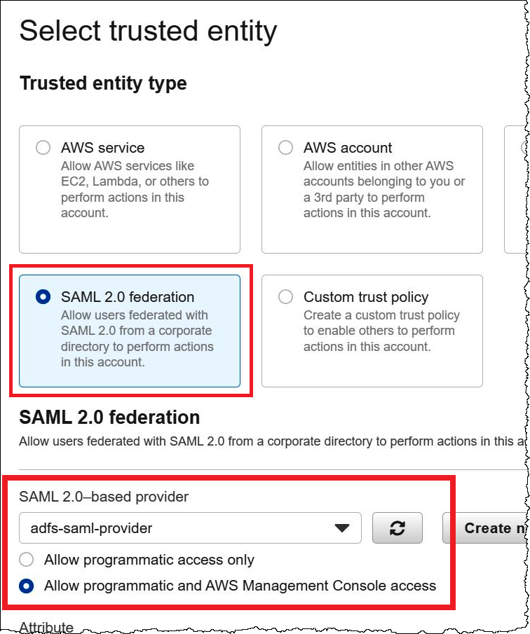 选择 SAML 作为受信任的实体类型。