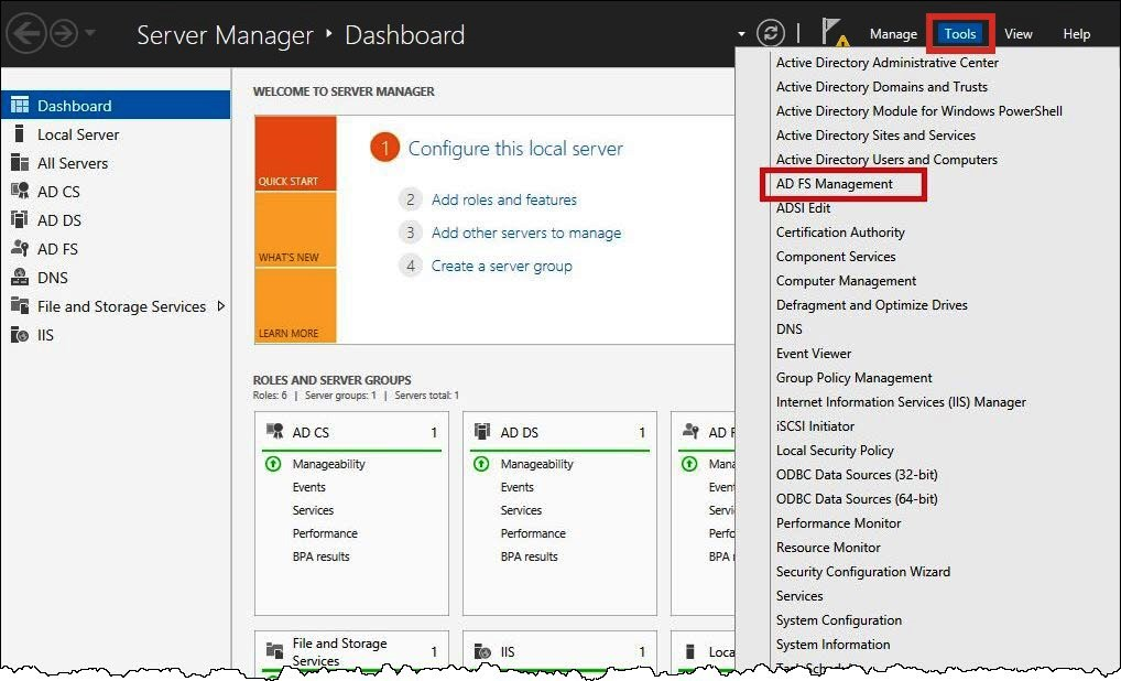 依次选择 Tools（工具）、AD FS Management（AD FS 管理）。
