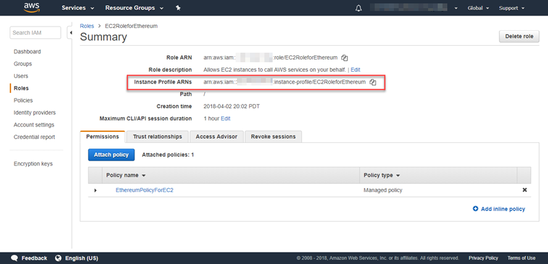 AWSIAM role summary page showing Role ARN and Instance Profile ARNs fields.