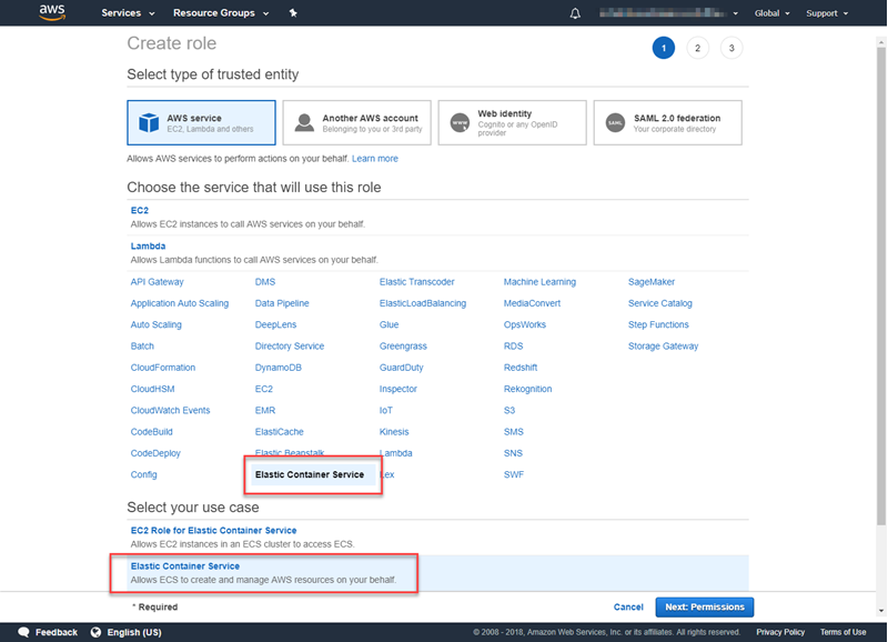 AWS console interface for creating a role, with Elastic Container Service selected as the use case.