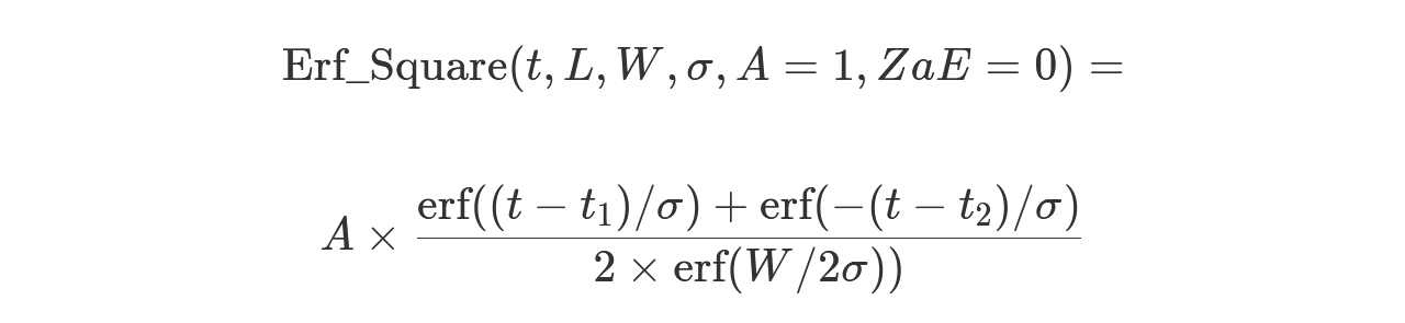 Erf Square 分布的数学方程，含参数 t、长度、宽度、sigma、A=1 和 zae=0。