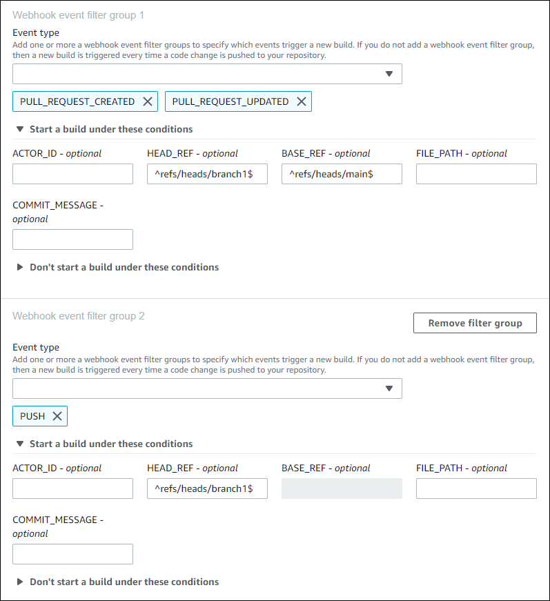 两个筛选条件组的示例。
