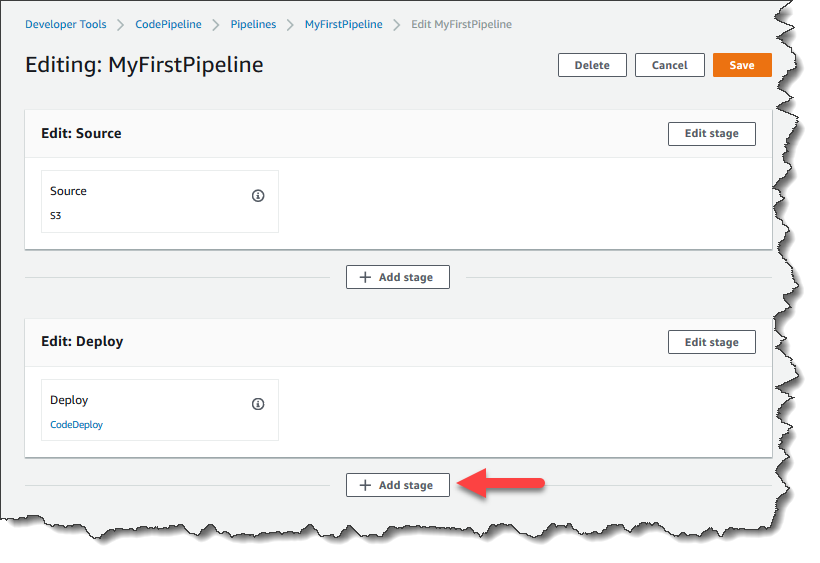 该图显示编辑屏幕上的 + 添加阶段按钮