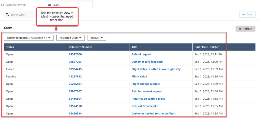 Agent Workspace 中的案例列表视图。