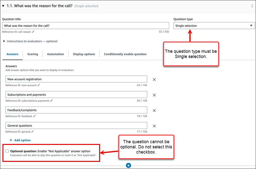 问题类型为单选并且可选问题复选框未选中。
