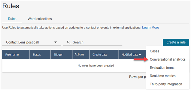 规则页面，“创建规则”下拉列表，Contact Lens 选项。