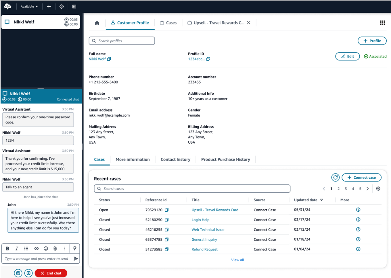 Agent Workspace 中的“Customer Profiles”选项卡和联系人控制面板。