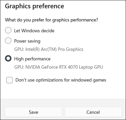 “图形首选项”页面，“高性能”选项。