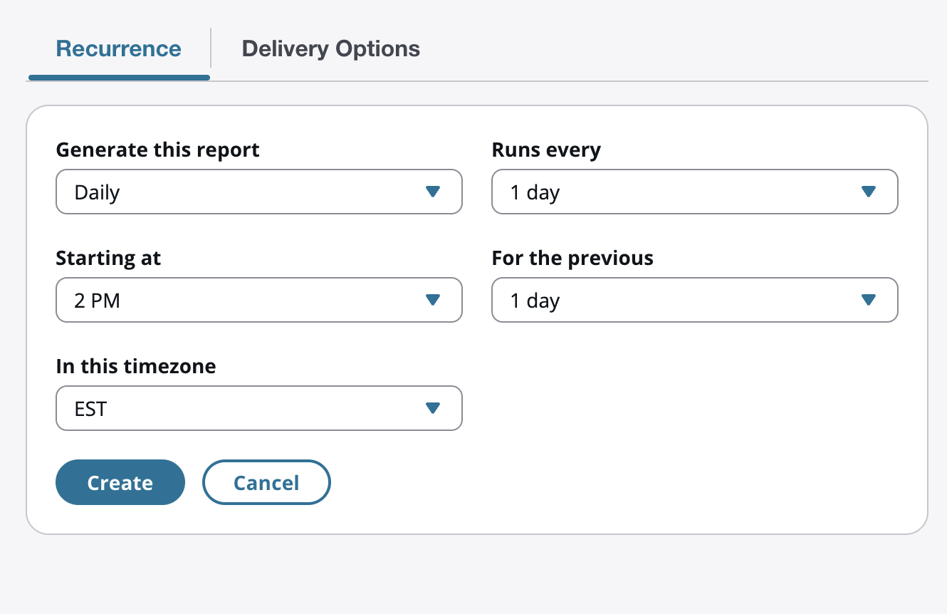 为昨天创建预定报告的设置，该报告将在美国东部标准时间每天下午 2:00 生成报告