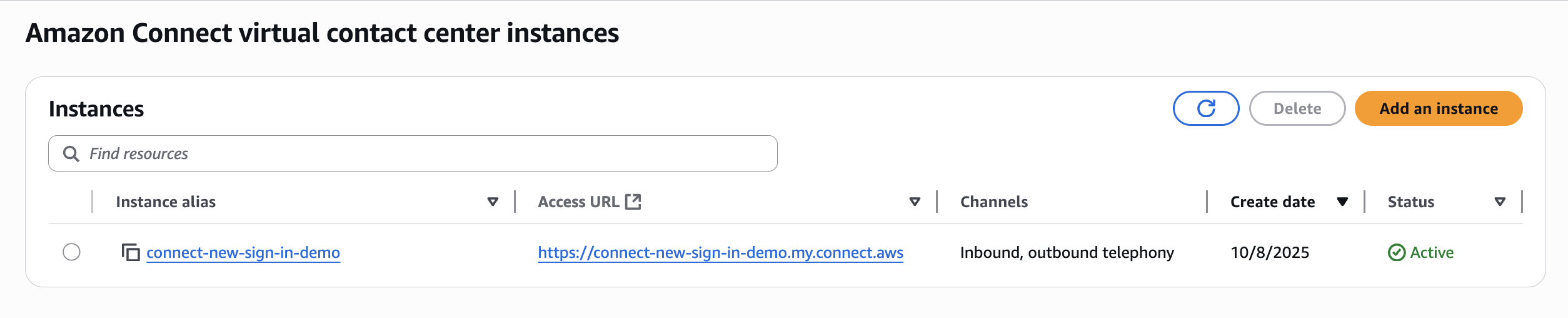 显示实例访问网址的 Amazon Connect 实例页面。