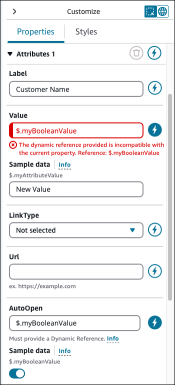 “自定义”面板，一则错误消息，原因是动态引用与字段中的预期类型不匹配。
