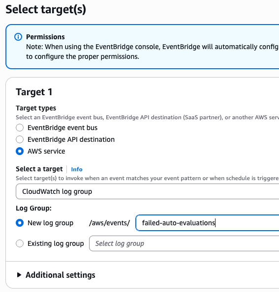 CloudWatch 显示匹配 EventBridge 事件的日志组。