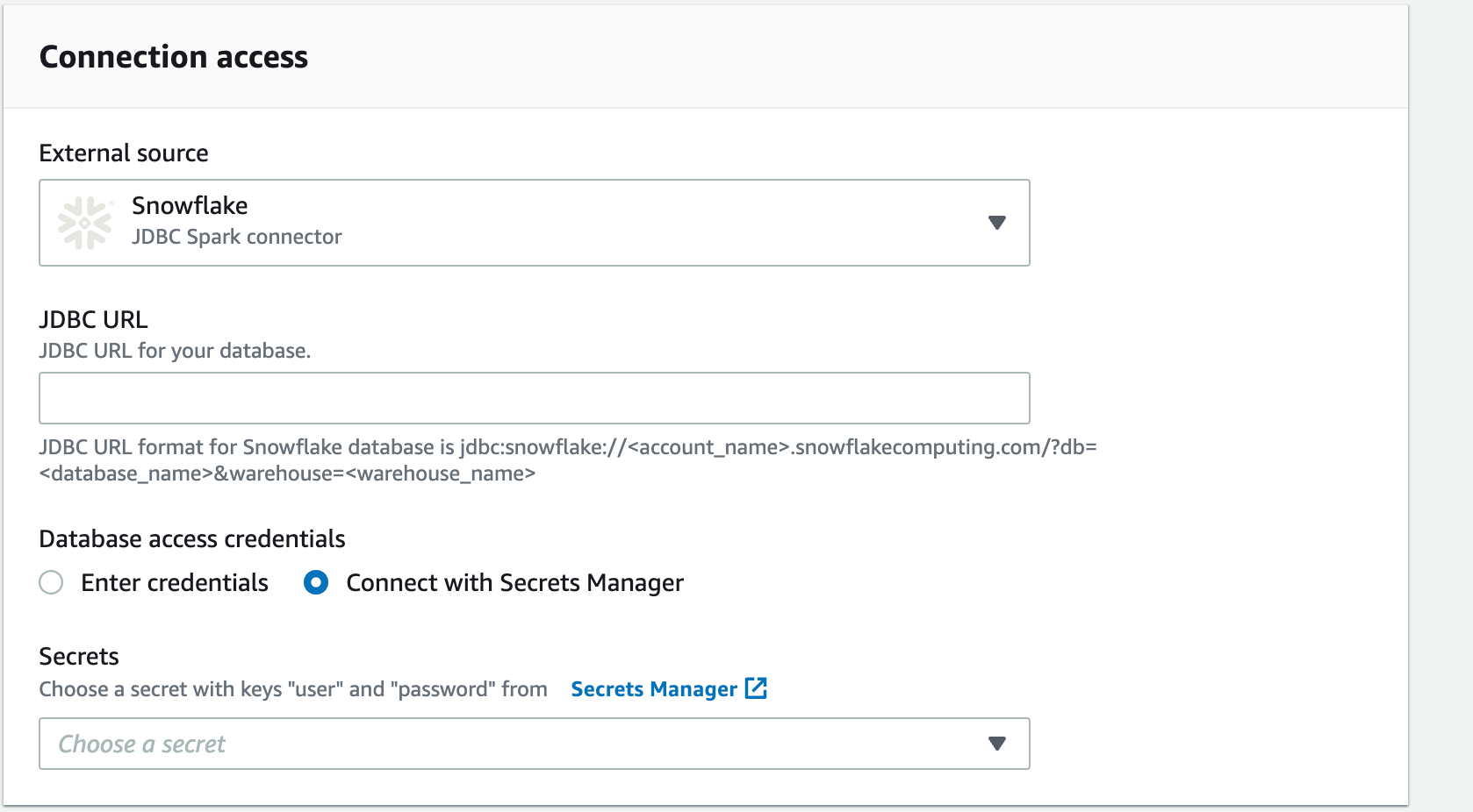 屏幕截图显示的是连接访问向导，其中选择 Snowflake 作为“外部来源”。请填写其他字段以完成连接：“JDBC URL”和“数据库访问凭证”。